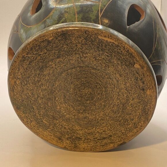 Vintage Green and Grey Nicaraguan Lattice Pierced Pottery Luminary Candle - Picture 8 of 13